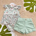Inverno 2025 - Conj. Body Floral  e Short em Linho - Verde