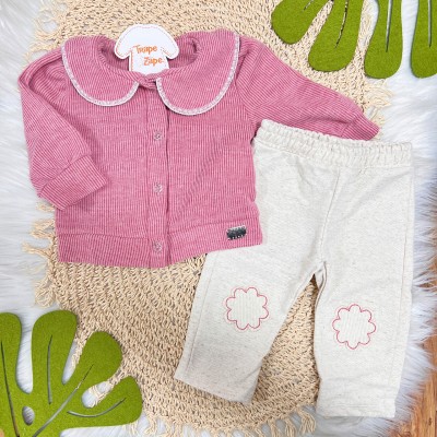 Inverno 2025 - Conjunto Florzinha Casaco Canelado com Gola Boneca e Calça - Rose e Bege 