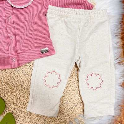 Inverno 2025 - Conjunto Florzinha Casaco Canelado com Gola Boneca e Calça - Rose e Bege 