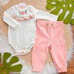 Inverno 2025 - Conj. Body Manga Longa Flor Bordada e Calça - Areia e Rosa