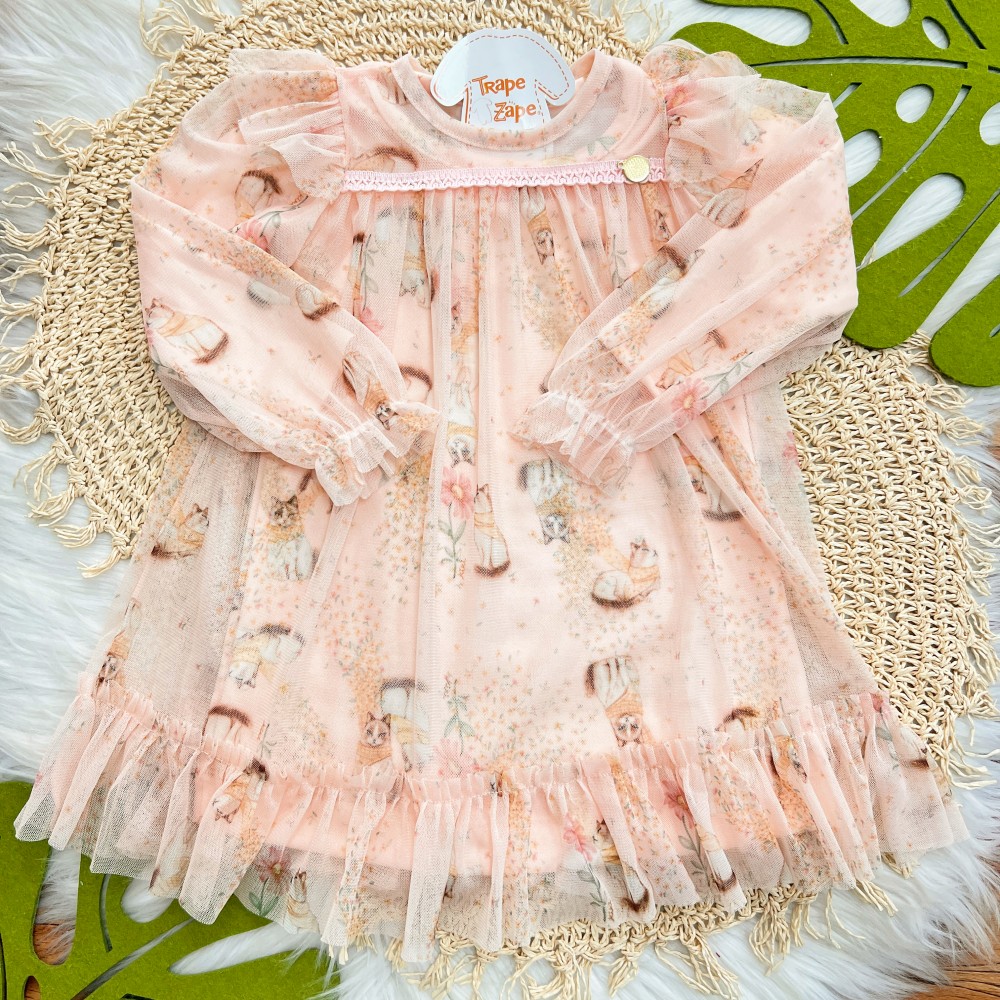 Inverno 2025 - Vestido Manga Longa com Tule Gatinhas - Rose