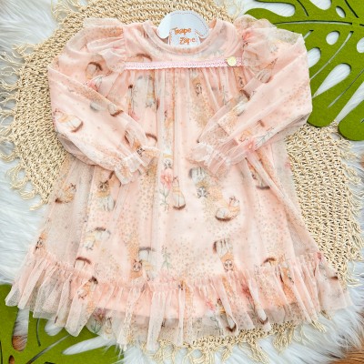 Inverno 2025 - Vestido Manga Longa com Tule Gatinhas - Rose