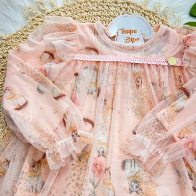 Inverno 2025 - Vestido Manga Longa com Tule Gatinhas - Rose