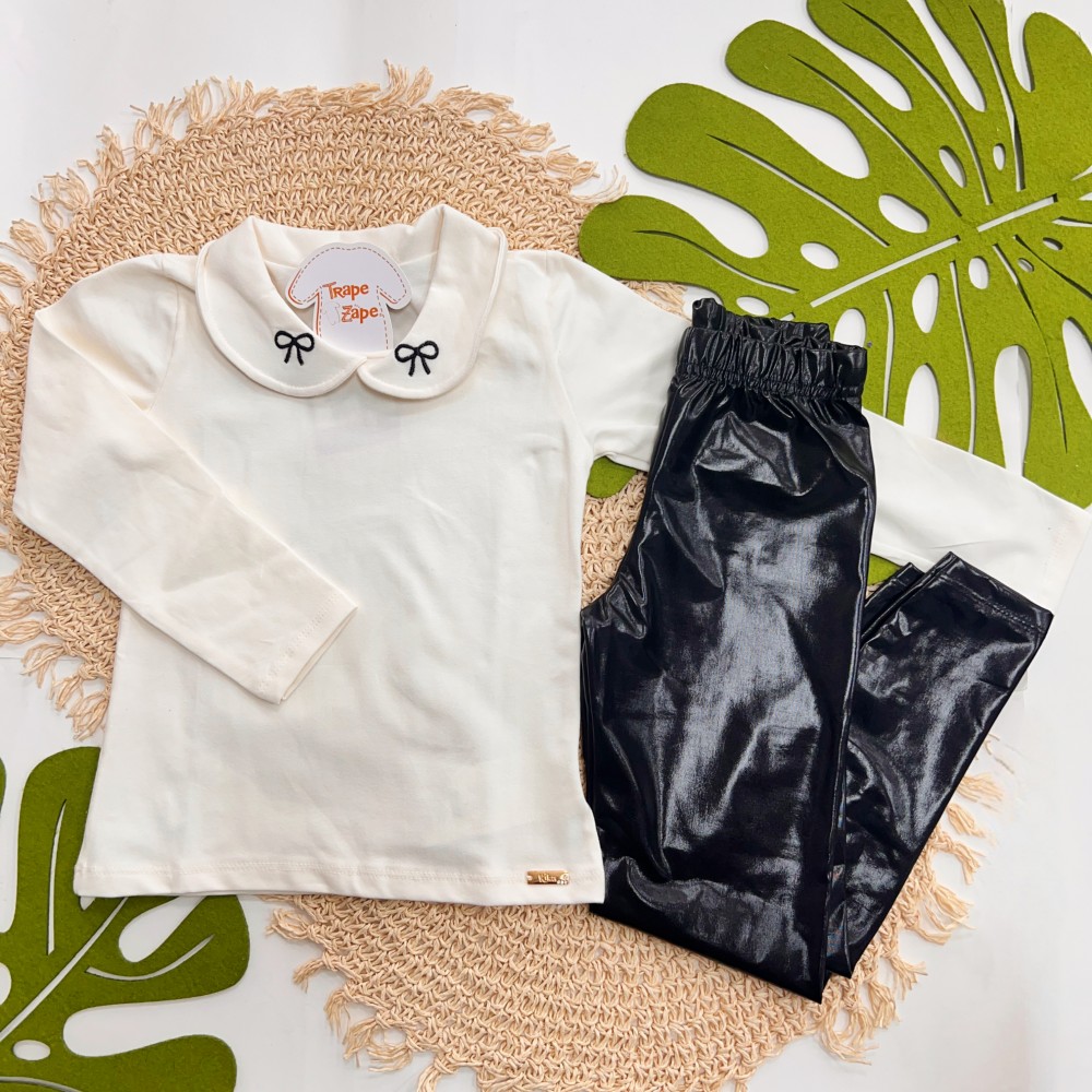Inverno 2025 - Conj. Blusa Gola Bordada Dois Laços e Legging Preta - Off White