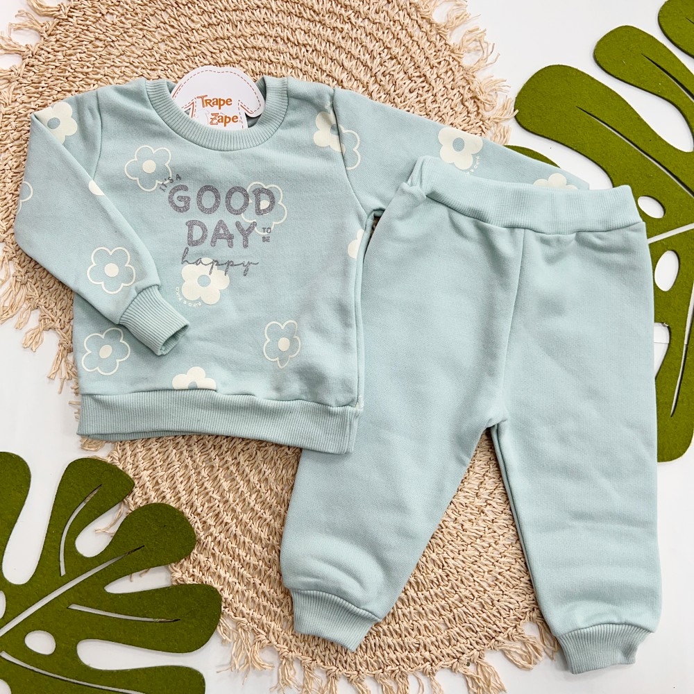 Inverno 2025 - Conj. Blusão "Good Day" Flores e Calça em Moletom - Verde
