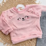 Inverno 2025 - Conj. Gatinha Fofa Casaco de Pelinho brilhoso e Legging flanelada - Rosa e Mescla