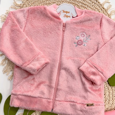  Inverno 2025 - Conj. Jaqueta em Plush com Flores Bordadas e Calça em Moletom - Rosa