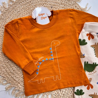 Inverno 2025 - Conj. Baby Roar Dinos Camiseta e Calça Moletom - Laranja 