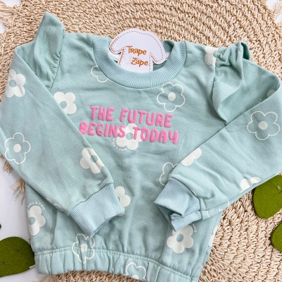 Inverno 2025 - Conj. Blusão "The Future Begins Today" Flores e Calça em Moletom - Verde