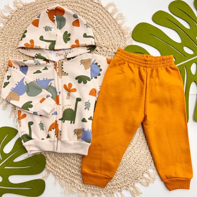 Inverno 2025 - Conj. Jaqueta com Capuz Dinos e Calça em Moletom - Bege e Laranja 