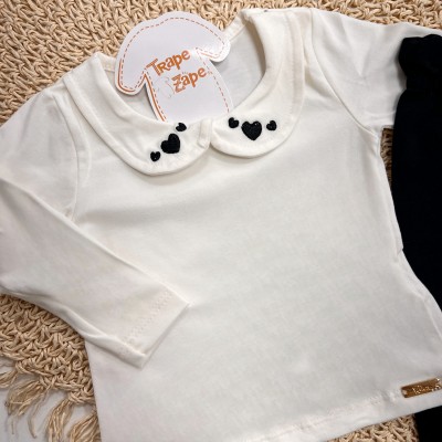Inverno 2025 - Conj. Blusa de malha com Gola Corações e Calça Moletom - Off e Preto 