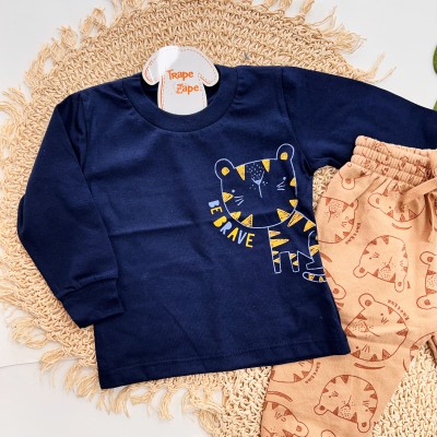 Inverno 2025 - Conj. tigrinho Be Brave Camiseta e Calça Moletom - Marinho e Caramelo 