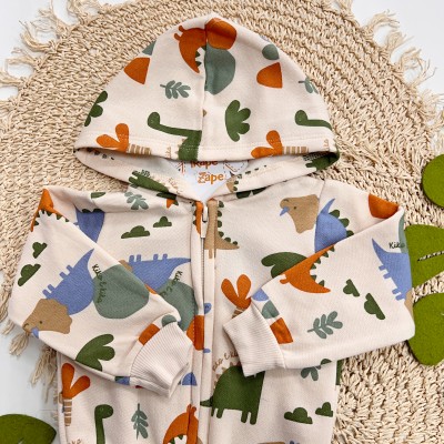 Inverno 2025 - Conj. Jaqueta com Capuz Dinos e Calça em Moletom - Bege e Laranja 