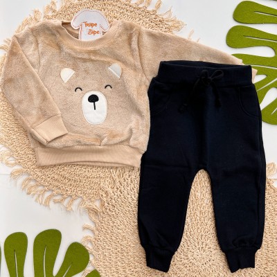  Inverno 2025 - Conjunto Ursinho Fofo Casaco de Pelinho e Calça moletom - Bege 