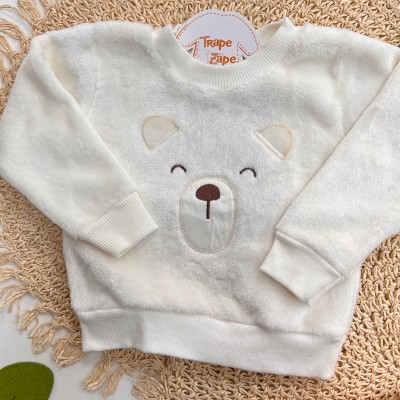 Inverno 2025 - Conj. Blusa Ursinho em Plush e Calça em Moletom - Off White e Laranja