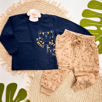 Inverno 2025 - Conj. tigrinho Be Brave Camiseta e Calça Moletom - Marinho e Caramelo 