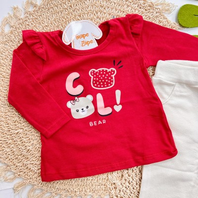 inverno 2025 - Conj. Ursinha Cool Bear Blusa Vermelha e Calça Moletom Creme 
