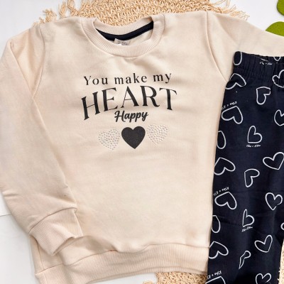 Inverno 2025 - Conj. Moletom You Make My Heart Happy Casaco e Calça - Bege e Preto