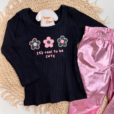 Inverno 2025 - Conj. Its Cool To Be Cute Blusa Malha Canelada e Calça Brilhante - Preto e Rosa 