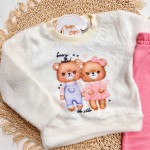 Inverno 2025 - Conj. Beary Cute Casaco em plush off e Calça Moletom Rosa
