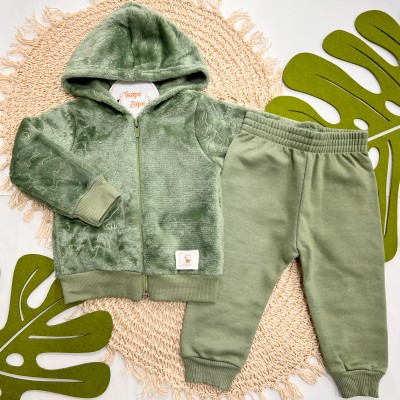 Inverno 2025 - Conj. Baby Dinos! Casaco em Plush Com Capuz e Calça Moletom - Verde Pequeno