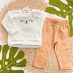 Inverno 2025 - Conj. Gatinha Fofa Casaco de Pelinho brilhoso e Legging flanelada - Off White e Areia