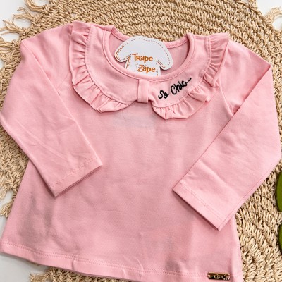 Inverno 2025 - Conj. So Chic Blusa Gola e Babados e Calça Brilhante - Rosa e Preto