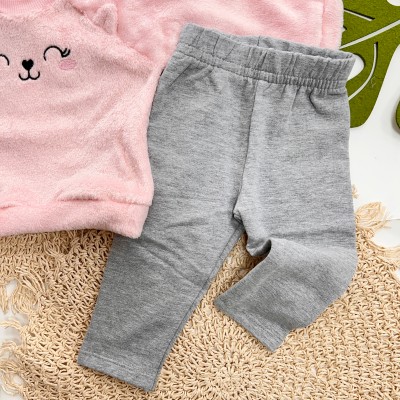 Inverno 2025 - Conj. Gatinha Fofa Casaco de Pelinho brilhoso e Legging flanelada - Rosa e Mescla