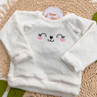 Inverno 2025 - Conj. Gatinha Fofa Casaco de Pelinho brilhoso e Legging flanelada - Off White e Areia