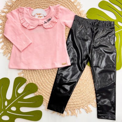 Inverno 2025 - Conj. So Chic Blusa Gola e Babados e Calça Brilhante - Rosa e Preto