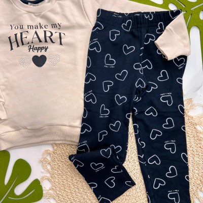 Inverno 2025 - Conj. Moletom You Make My Heart Happy Casaco e Calça - Bege e Preto