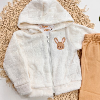 Inverno 2025 - Conj. Coelhinho Casaco com Capuz em plush e legging flanelada- Off e Caramelo 
