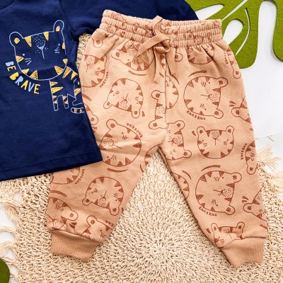 Inverno 2025 - Conj. tigrinho Be Brave Camiseta e Calça Moletom - Marinho e Caramelo 