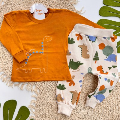 Inverno 2025 - Conj. Baby Roar Dinos Camiseta e Calça Moletom - Laranja 