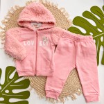 Inverno 2025 - Conjunto Lovely Girl Jaqueta com Pelinhos e Capuz e Calça Moletom - Rosa