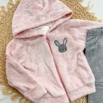 Inverno 2025 - Conjunto Coelhinho Casaco com Capuz em plush e legging flanelada - Rosa e Mescla
