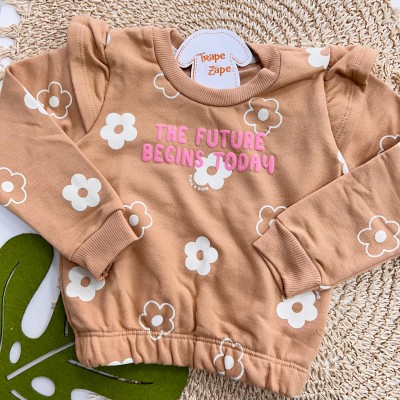  Inverno 2025 - Conj. Blusão "The Future Begins Today" Flores e Calça em Moletom - Bege