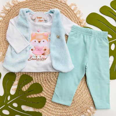 Inverno 2025 - Conj. Colete em Plush, Blusa Raposa e Legging - Off White e Verde Água