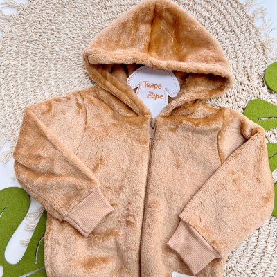 Inverno 2025 - Conj. Baby Dinos! Casaco em Plush Com Capuz e Calça Moletom - Caramelo Pequeno