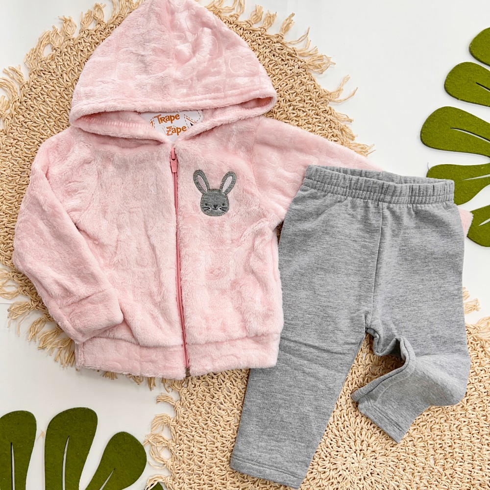 Inverno 2025 - Conjunto Coelhinho Casaco com Capuz em plush e legging flanelada - Rosa e Mescla