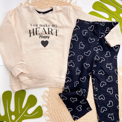 Inverno 2025 - Conj. Moletom You Make My Heart Happy Casaco e Calça - Bege e Preto