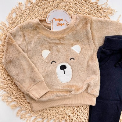  Inverno 2025 - Conjunto Ursinho Fofo Casaco de Pelinho e Calça moletom - Bege 