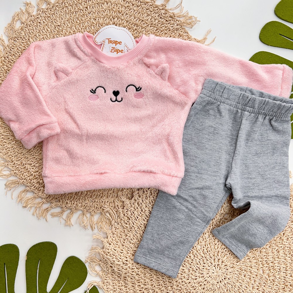 Inverno 2025 - Conj. Gatinha Fofa Casaco de Pelinho brilhoso e Legging flanelada - Rosa e Mescla