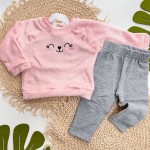 Inverno 2025 - Conj. Gatinha Fofa Casaco de Pelinho brilhoso e Legging flanelada - Rosa e Mescla