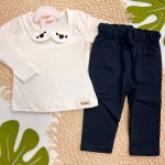 Inverno 2025 - Conj. Blusa de malha com Gola Corações e Calça Moletom - Off e Preto 