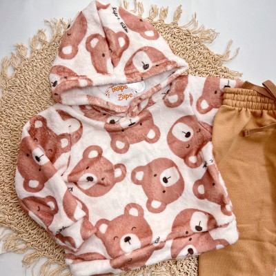 INVERNO 2025 - Conj. Ursinhos Casaco com capuz em Plush e Calça Moletom Caramelo 