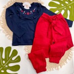Inverno 2025 - Conj. blusa marinho Florzinhas e Calça Moletom vermelha