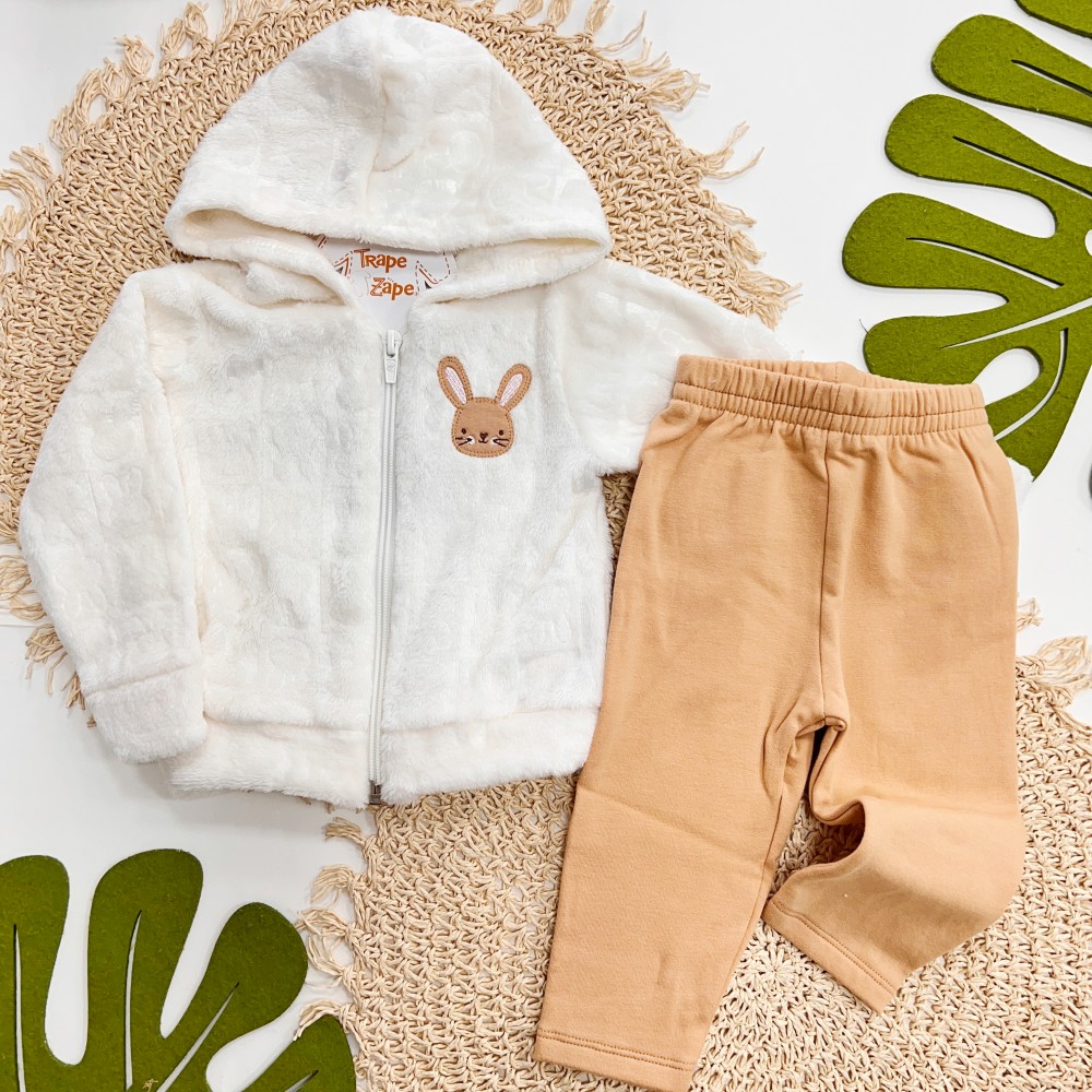 Inverno 2025 - Conj. Coelhinho Casaco com Capuz em plush e legging flanelada- Off e Caramelo 