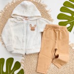 Inverno 2025 - Conj. Coelhinho Casaco com Capuz em plush e legging flanelada- Off e Caramelo 
