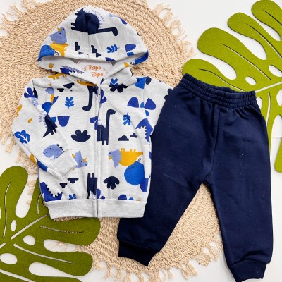 Inverno 2025 - Conj. Jaqueta com Capuz Dinos e Calça em Moletom - Mescla e Marinho
